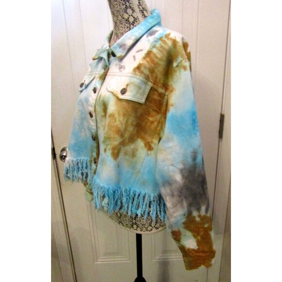 Taxi Blue Denim Jacket Tie Dye Distressed Fringe Cropped Jean Womens Size 2XL - Picture 5 of 9